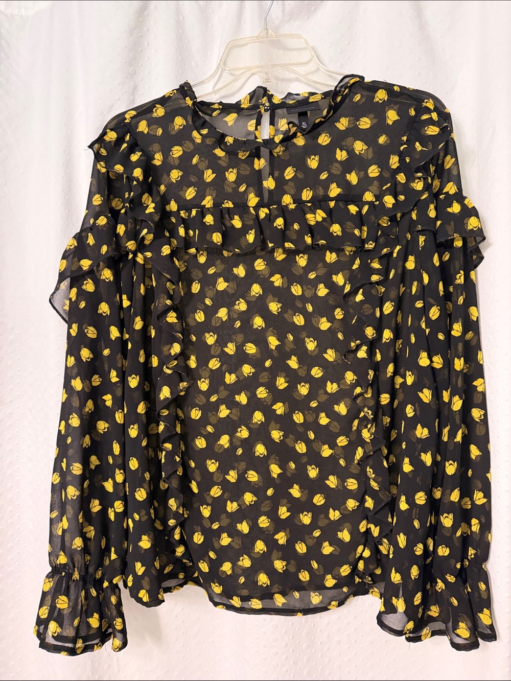 Who What Wear Black Blouse with Yellow Floral Print and Ruffle Trim